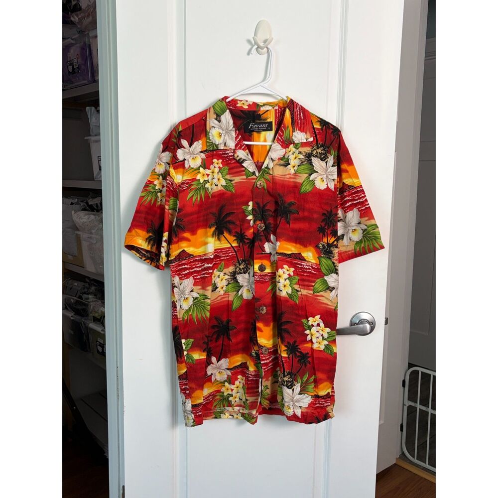 Favant Hawaiian Aloha Shirt Men Large Red Sunset Palm Tree 100% Cotton